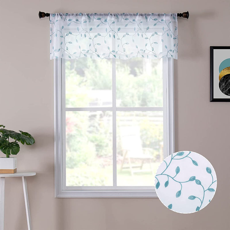 Tollpiz Leaves Sheer Valance Curtains Grey Leaf Embroidery Bedroom Curtain Rod Pocket Voile Curtains for Living Room, 54 X 16 Inches Long, Set of 1 Panel Home & Garden > Decor > Window Treatments > Curtains & Drapes Tollpiz Teal Blue 54"W x 16"L 