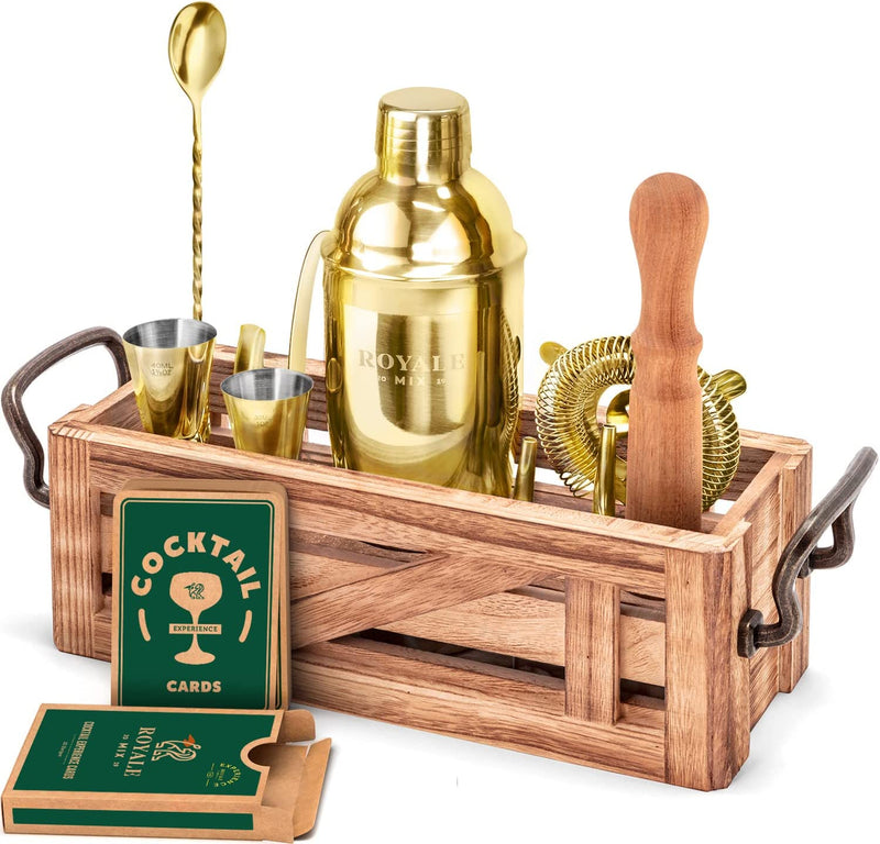 Mixology Bartender Kit with Wooden Stand - Great Housewarming Gift -12 Piece Bar Tools Set with Cocktail Kit Cards - Premium Bartending Kit for a Fun Bar Set - Stainless Steel Cocktail Shaker Set Home & Garden > Kitchen & Dining > Barware ROYALE MIX Gold  