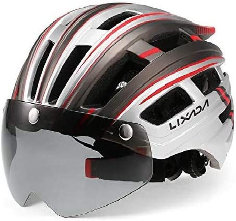 Lixada Adult Bike Helmet Mountain Bike Helmet with Detachable Magnetic Goggles Removable Sun Visor Adjustable Mountain & Road Bicycle Helmets for Men Women Cycling Helmets Sporting Goods > Outdoor Recreation > Cycling > Cycling Apparel & Accessories > Bicycle Helmets Lixada Silver & red  
