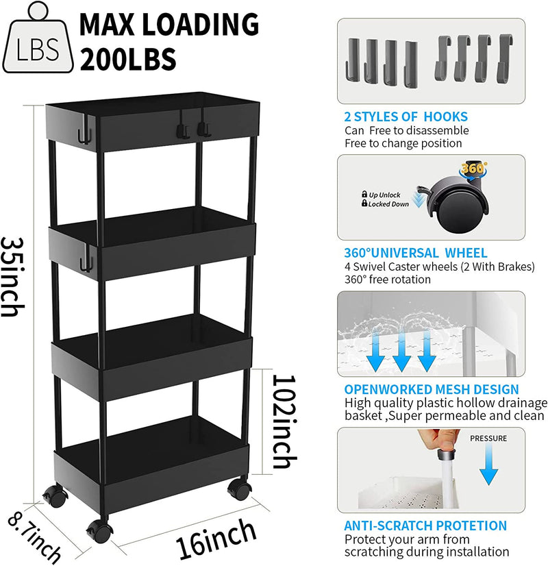 Neholef Slim Storage Cart,4 Tier Utility Rolling Cart with Wheels,Kitchen Laundry Room Bathroom Organization Mobile Shelving Unit Cart,Slide Out Storage Organizer Cart for Narrow Places Home & Garden > Household Supplies > Storage & Organization Neholef   