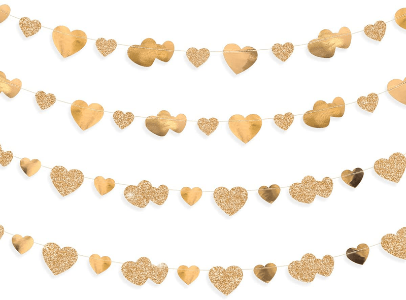 52Ft Valentines Day Champagne Gold Heart Garland Metallic Glitter Paper Love Heart Streamer Banner for Anniversary Mother'S Day Engagement Bridal Shower Wedding Bachelorette Party Decorations Arts & Entertainment > Party & Celebration > Party Supplies pinkblume banner  