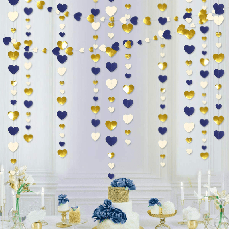 52Ft Valentines Day Navy Blue Gold Love Heart Garland Royal Blue Gold Hanging Streamer Banner for Anniversary Mother'S Day Bachelorette Engagement Wedding Bridal Baby Shower Birthday Party Decorations Arts & Entertainment > Party & Celebration > Party Supplies pinkblume Heart Garland  