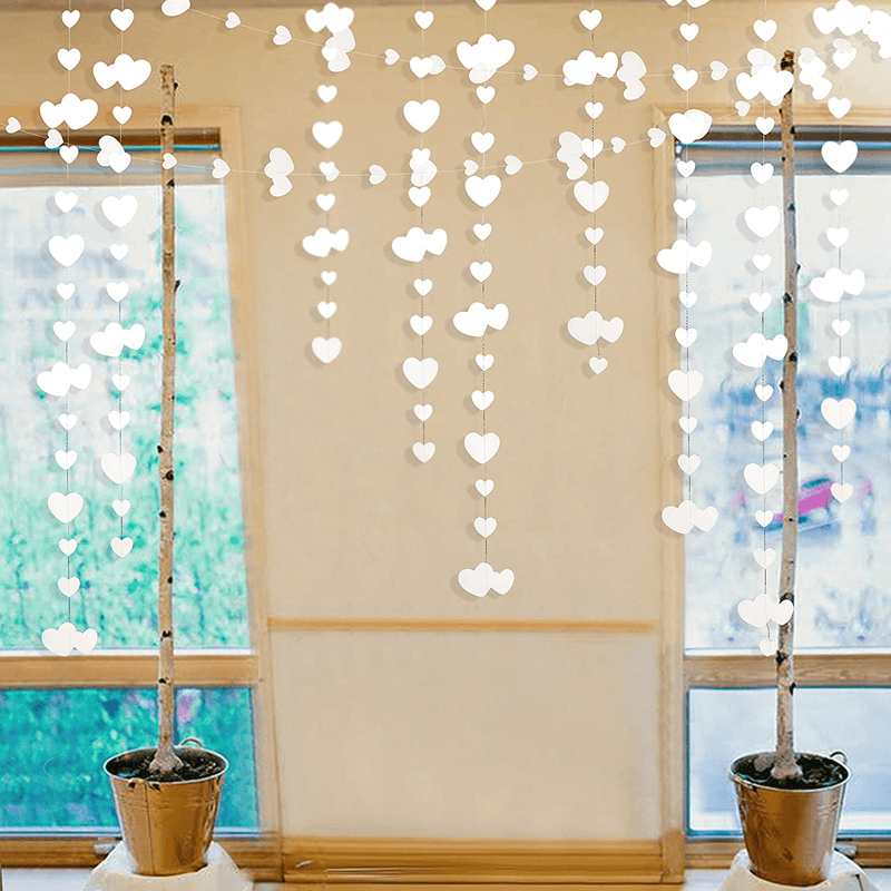 52Ft Valentines Day White Heart Garland White Pearl Hanging Paper Love Heart Streamer Banner for Winter Anniversary Mother'S Day Wedding Bridal Shower Engagement Bachelorette Party Decoration Supplies