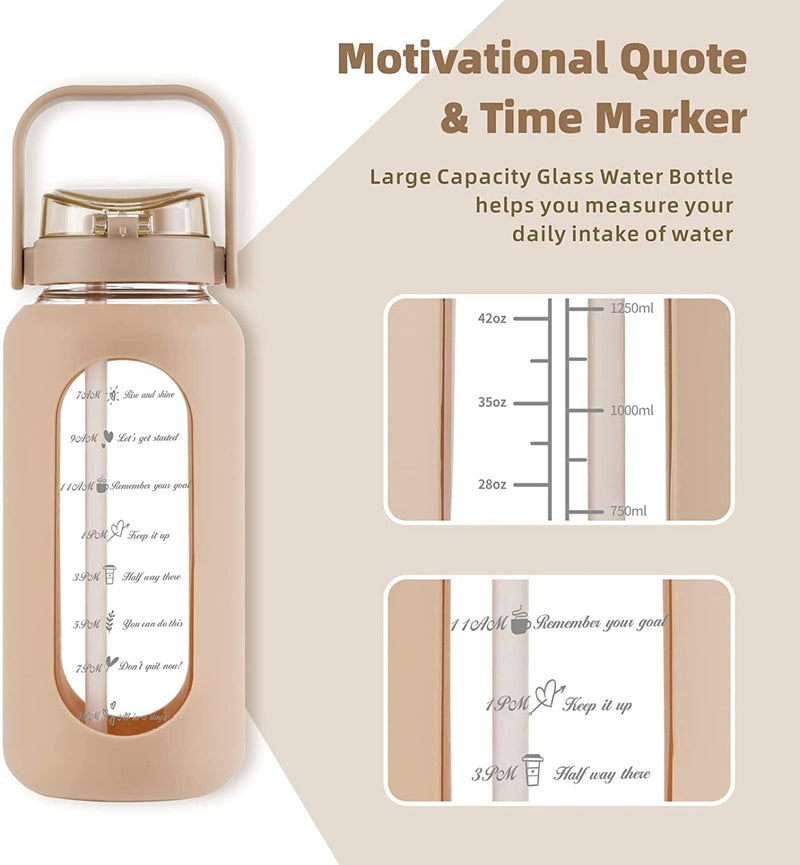 52Oz Glass Water Bottle with Straw and Handle Lid Half Gallon Motivational Glass Bottle with Silicone Sleeve and Time Marker Large Reusable Sports Water Jug for Gym Home Workout Sporting Goods > Outdoor Recreation > Winter Sports & Activities SIEROZUR   