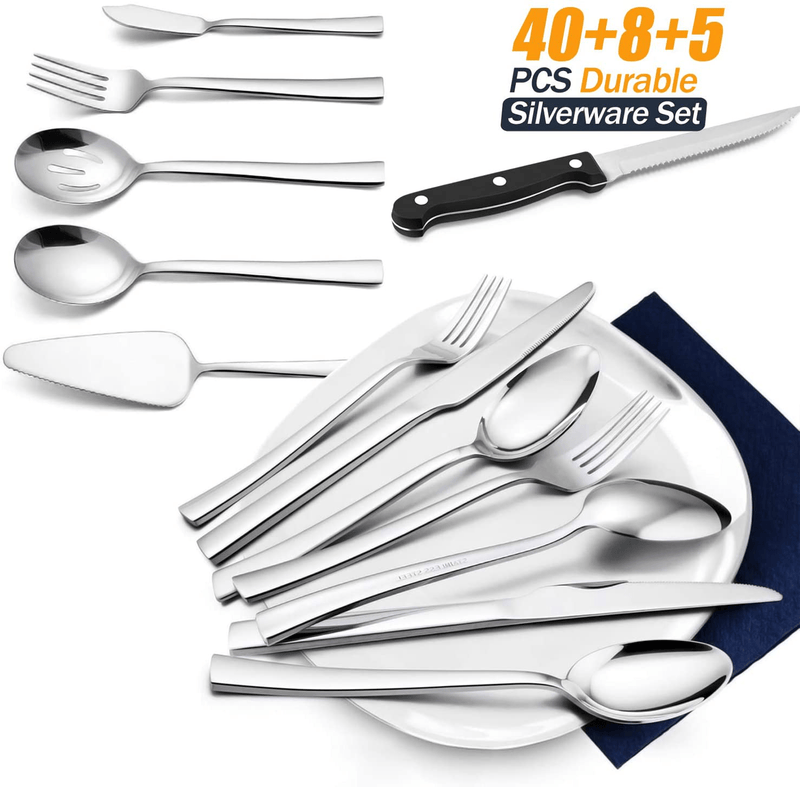 53-Piece Silverware Set with Steak Knives, HaWare Stainless Steel Sturdy Flatware Serving Utensils, Modern Design Cutlery Tableware for Home Holiday Gift, Dishwasher Safe-Servive for 8 Home & Garden > Kitchen & Dining > Tableware > Flatware > Flatware Sets HaWare   