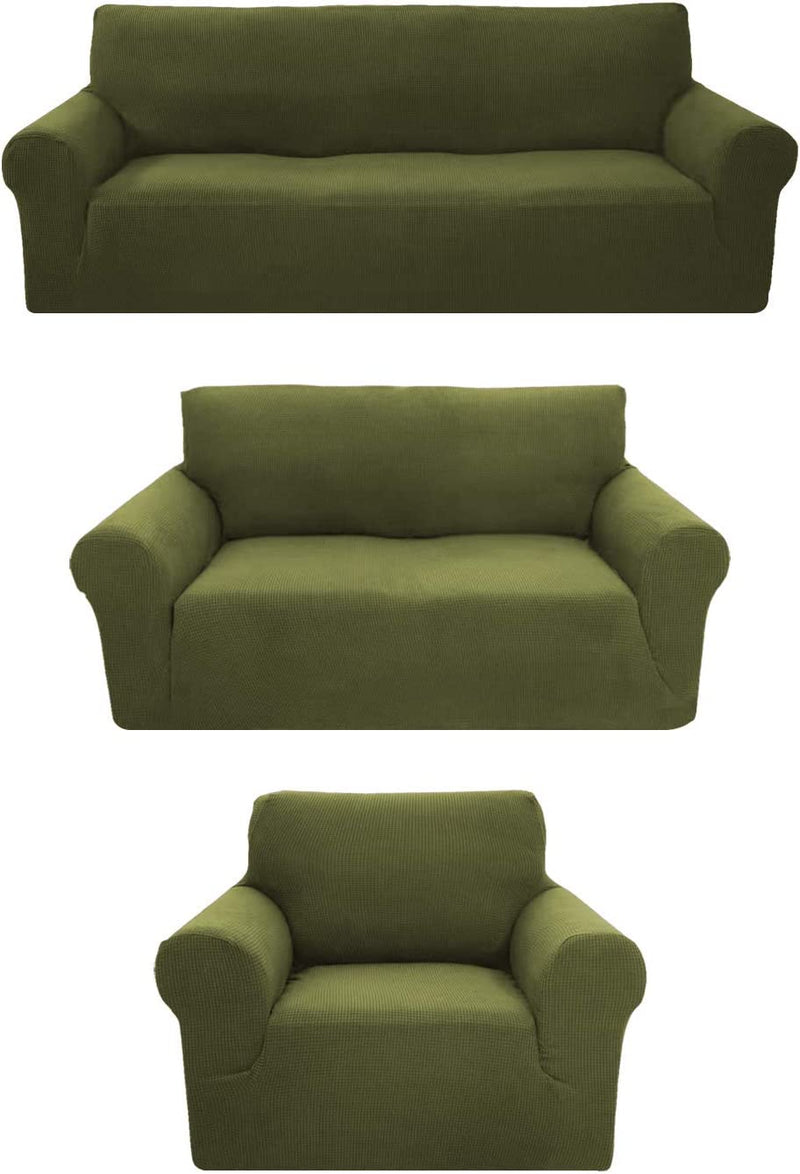 Sapphire Home 3-Piece Brushed Premium Slipcover Set for Sofa Loveseat Couch Arm Chair, Form Fit Stretch, Wrinkle Free, Furniture Protector Set for 3/2/1 Cushion, Polyester Spandex, 3Pc, Brushed, Brown Home & Garden > Decor > Chair & Sofa Cushions Sapphire Home Green 3pc set (Sofa, Love, Chair) 