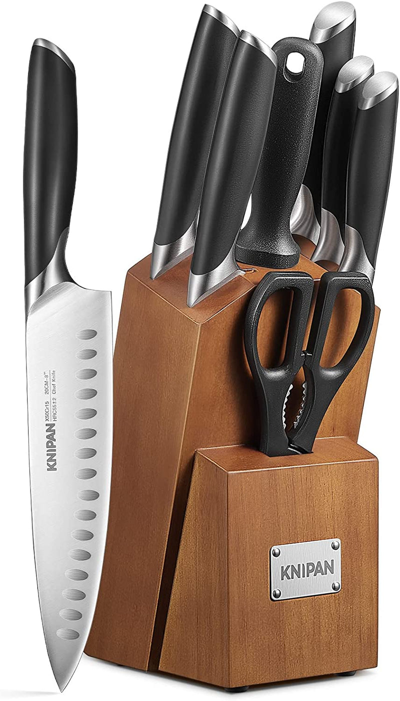 Knipan Knife Set, 8-Piece Premium Knife Block Set with High Carbon German Steel, 5 Knives, Sharpening Steel, Multi-Purpose Scissors, Block of Wood, Ergonomic ABS Handle