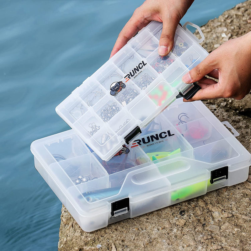 RUNCL Fishing Tackle Box, 4 Packs Plastic Storage Box with Removable Dividers, 3500/3600 Tackle Boxes Organizer - Clear Tackle Storage Trays for Lures, Baits - Box Organizer Container