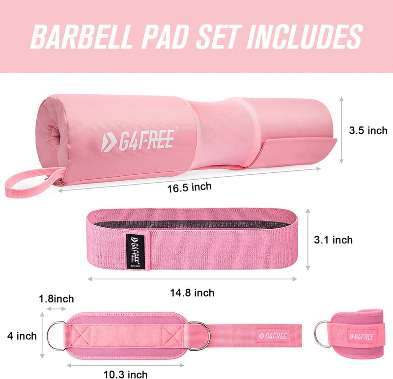 G4Free 7Pcs Barbell Pad Set for Squat, Hip Thrusts, Lunges, Leg Day, Standard Olympic Bars with 2 Gym Ankle Safety Straps, 3 Hip Resistance Bands ,Barbell Pad and Carry Bag