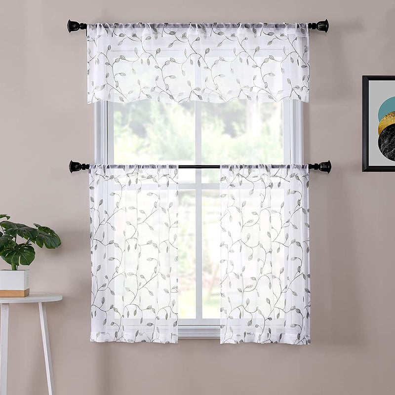 Tollpiz Leaves Sheer Valance Curtains Grey Leaf Embroidery Bedroom Curtain Rod Pocket Voile Curtains for Living Room, 54 X 16 Inches Long, Set of 1 Panel Home & Garden > Decor > Window Treatments > Curtains & Drapes Tollpiz   