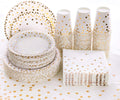 Hapray 201PCS Disposable Paper Plates Gold Party Supplies, Golden Polka Dots Birthday and Baptism Decorations, Include Plates and Cups, Napkins, Plastic Tablecloth, for Baby Shower Wedding