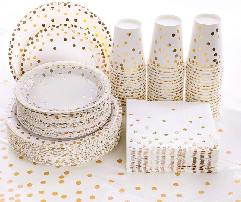 Hapray 201PCS Disposable Paper Plates Gold Party Supplies, Golden Polka Dots Birthday and Baptism Decorations, Include Plates and Cups, Napkins, Plastic Tablecloth, for Baby Shower Wedding Home & Garden > Decor > Seasonal & Holiday Decorations huoying Gold  