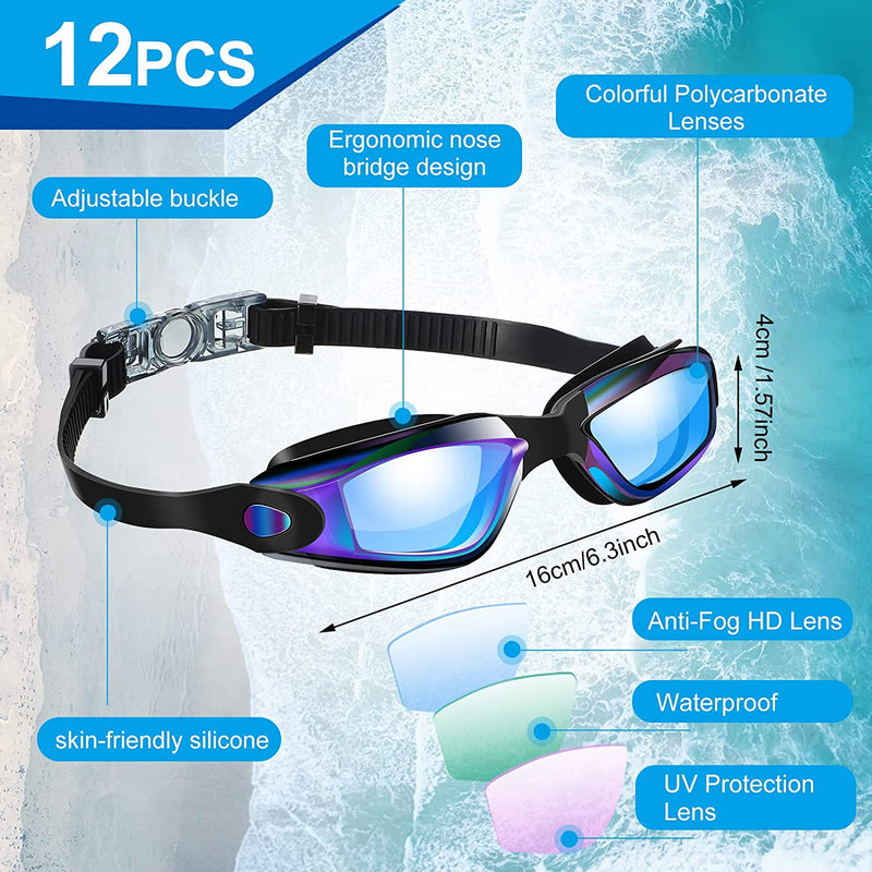 Flutesan 12 Pcs Swimming Goggles, Adult Kids Swim Goggles for Men Women Youth No Leaking UV Full Protection Crystal Clear Vision anti Fog Swim Goggles with Soft Silicone Adjustable