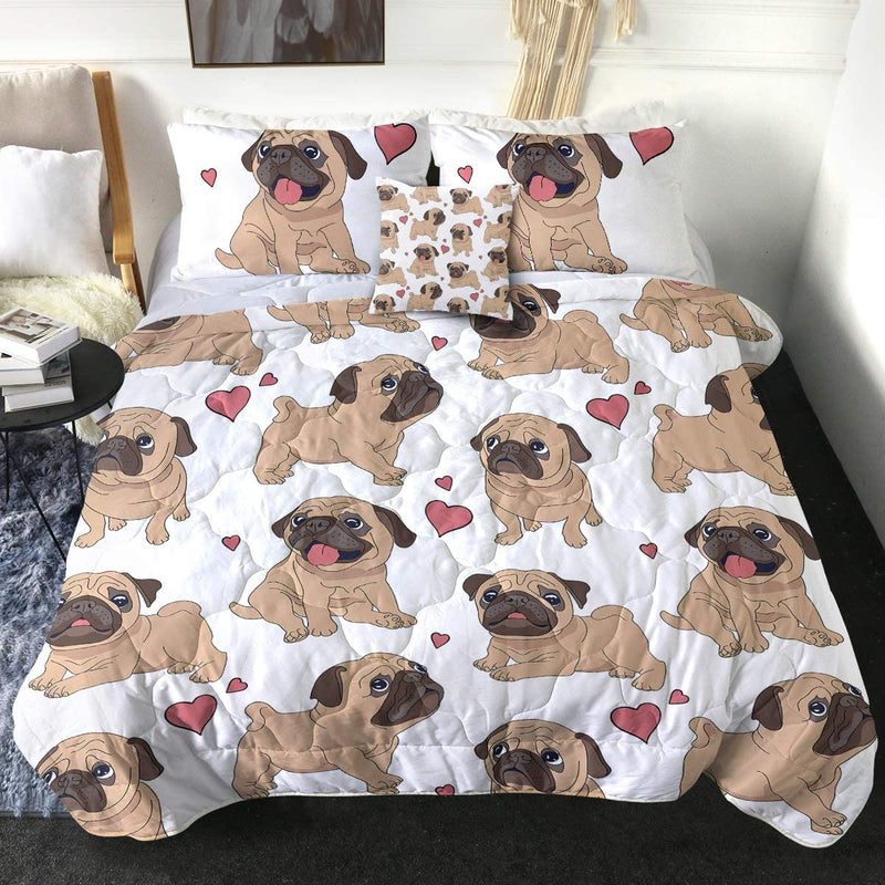 Sleepwish Valentines Day Comforter Set Pug Pink Heart Quilt Set for Queen Bed 4 Piece Dogs Pattern Quilt Sets Cute Animals Bedding Sets with 2 Pillow Shams and 1 Cushion Cover Gifts for Women Him Her Home & Garden > Linens & Bedding > Bedding Youhao 4 Full 