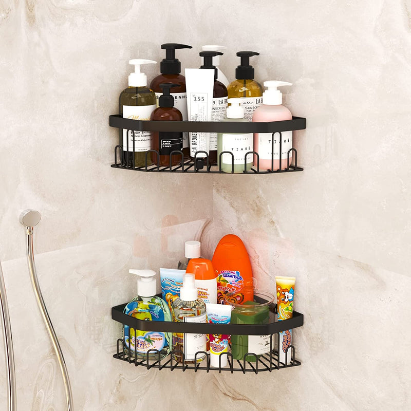 GILLAS Farmhouse 4 Pack Shower Caddy Bathroom Shelf with Toothbrush Holder , Soap Dish, No Drilling Traceless Adhesive Wall Mounted Bathroom Storage Organizer Basket with Hooks,Black Home & Garden > Household Supplies > Storage & Organization GILLAS Black 2 Pack Corner Shower Caddy 