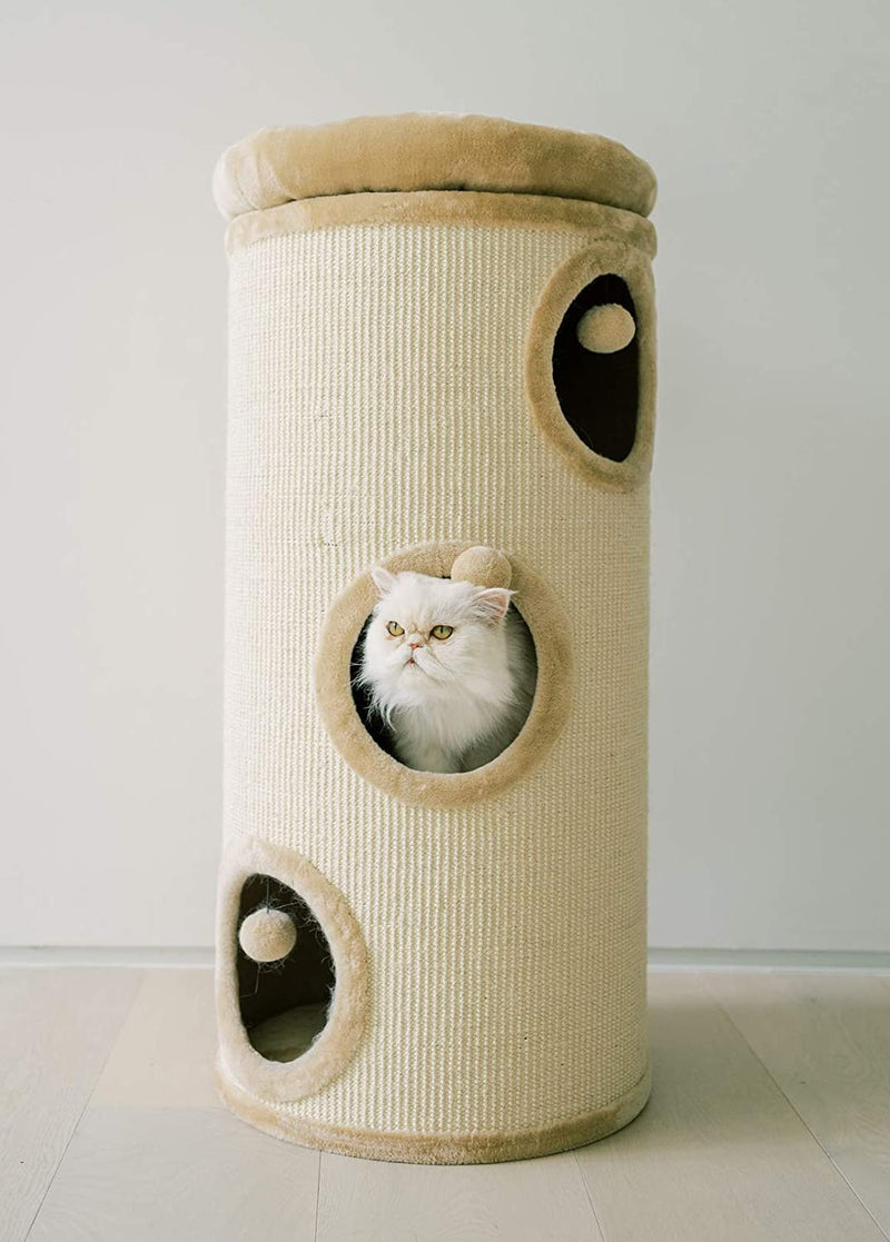 PAWMONA 3 Story Cat Tree Condo Barrel Tower, 38.5", Top High Edge Removable Snuggle Bed with Scratching Post for Cats and Kittens, Natural Sisal-Covered Scratch Indoor Cat Furniture, Beige Sporting Goods > Outdoor Recreation > Boating & Water Sports > Swimming > Swim Goggles & Masks PAWMONA   