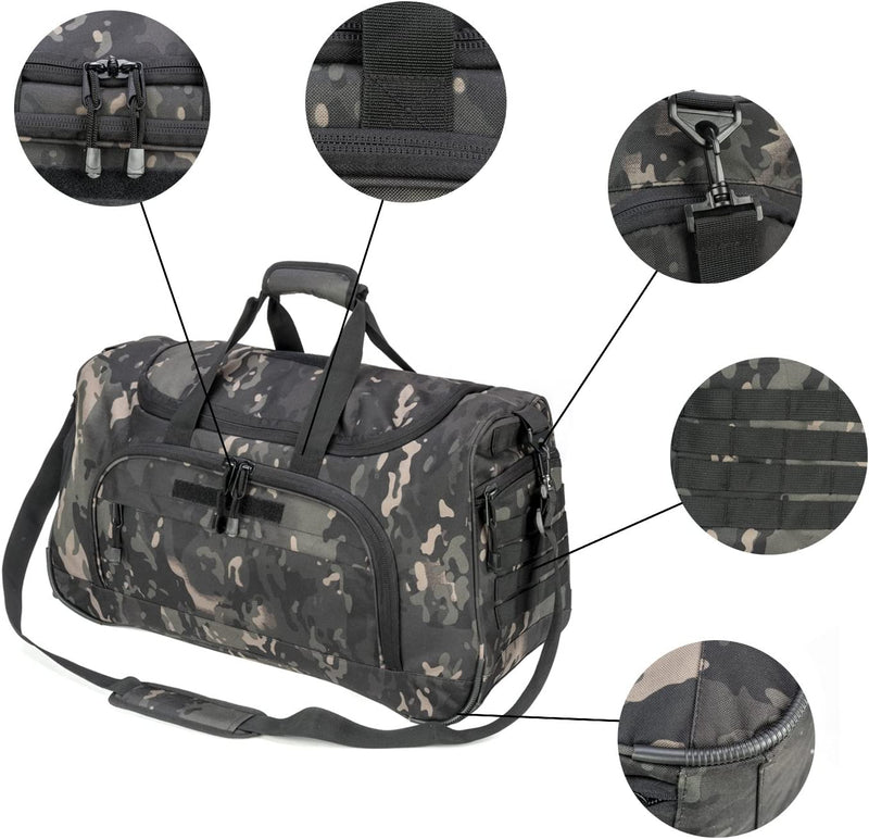 PANS Military Waterproof Duffel Bag Tactical Outdoor Gym Bag Army Carry on Bag with Shoes Compartment,Molle System,Shoulder Bag&Handbag for Sports Travel Camping Hunting(Black-Multicam-B)