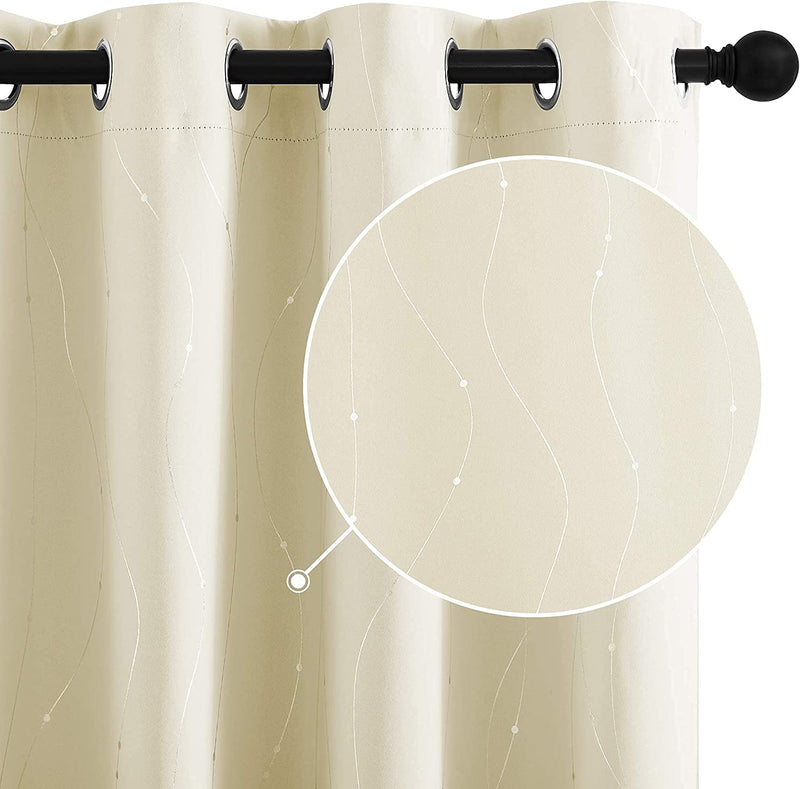 Stangh Set of 2 Printed Blackout Thermal Insulated Curtains for Kitchen, Grommet Foil Print Window Drapes with Silver Wave Line and Dots Design for Cafe Home Office, W52 X L45 Inch, Black, 2 Pieces Home & Garden > Decor > Window Treatments > Curtains & Drapes StangH Cream Beige W52" x L95" 