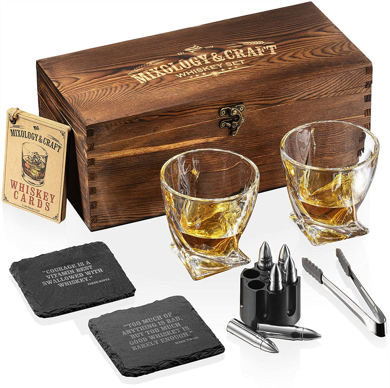 Mixology Whiskey Stones Gift Set for Men - Pack of 2, 10 Oz Glasses W/ 6 Stainless Steel Chilling Bullets, 2 Coasters, Tongs, Cocktail Cards & Box - Bourbon Gifts for Birthday or Anniversary Home & Garden > Kitchen & Dining > Barware Mixology & Craft   