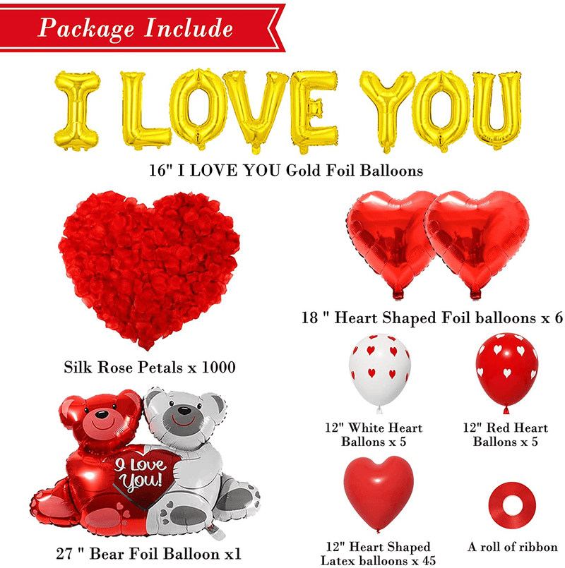 54 Pack I Love You Balloons Valentines Day Decor, Heart Balloon 27 Inch Love-Bear Kit with 1000 Pcs Red Rose Petals, Romantic Decorations Special Night for Valentines Day Party Birthday Wedding Proposal Anniversary Decorations Arts & Entertainment > Party & Celebration > Party Supplies Attmu   