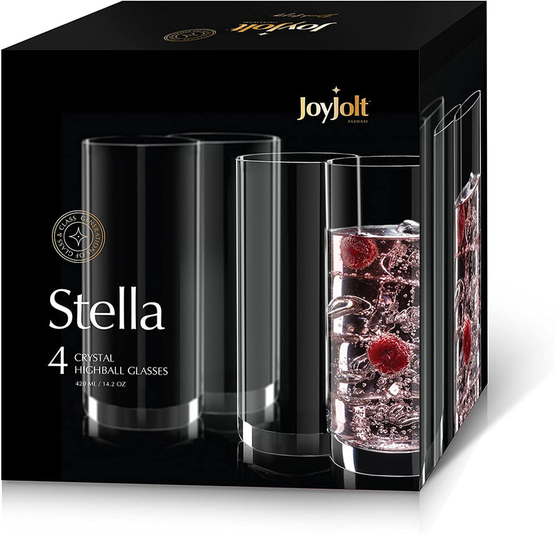 Joyjolt Stella Crystal Highball Glasses Barware Collins Tumbler for Water, Juice, Beer, and Cocktail (Set of 4)-14.2-Ounces