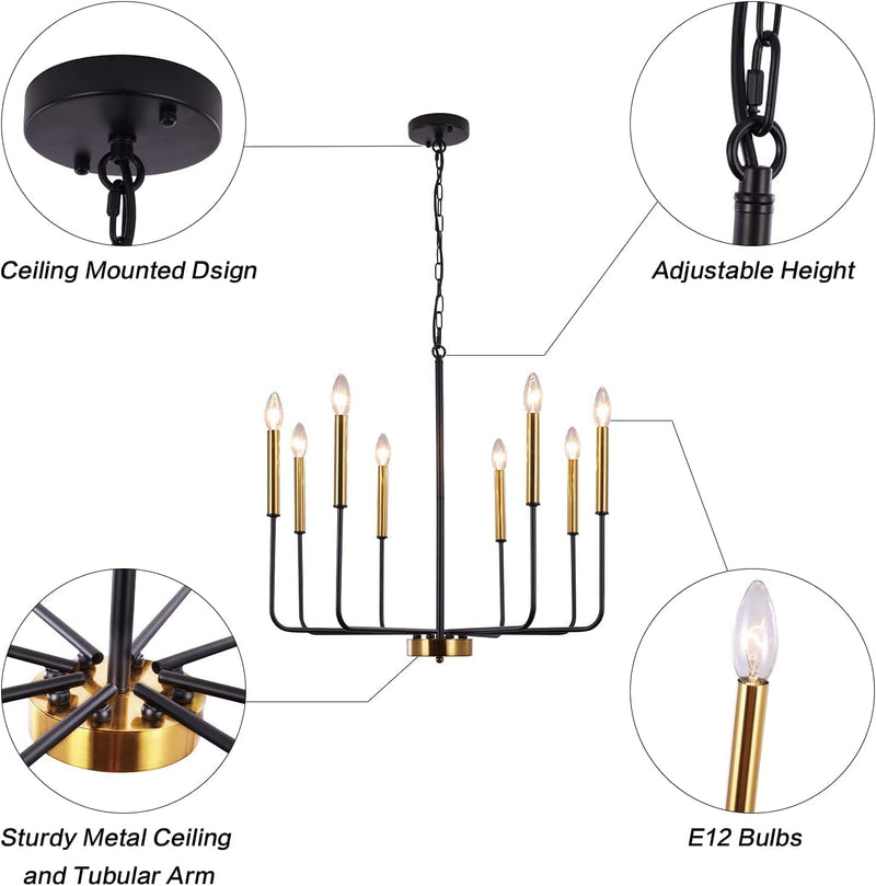 PUMING Farmhouse Chandelier 8 Lights Gold and Black Candle Chandeliers Ceiling Hanging Pendant Lights Fixture Rustic Pendant Lighting for Kitchen Island Dining Room Living Room Bedroom Home & Garden > Lighting > Lighting Fixtures > Chandeliers PUMING   