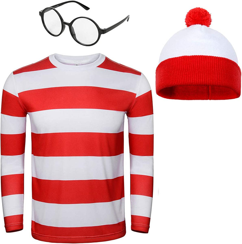 Adult Men Red and White Striped Tee Shirt Glasses Hat Outfit Suit Set Halloween Cosplay Costume Party Props  FOCUSOUL   