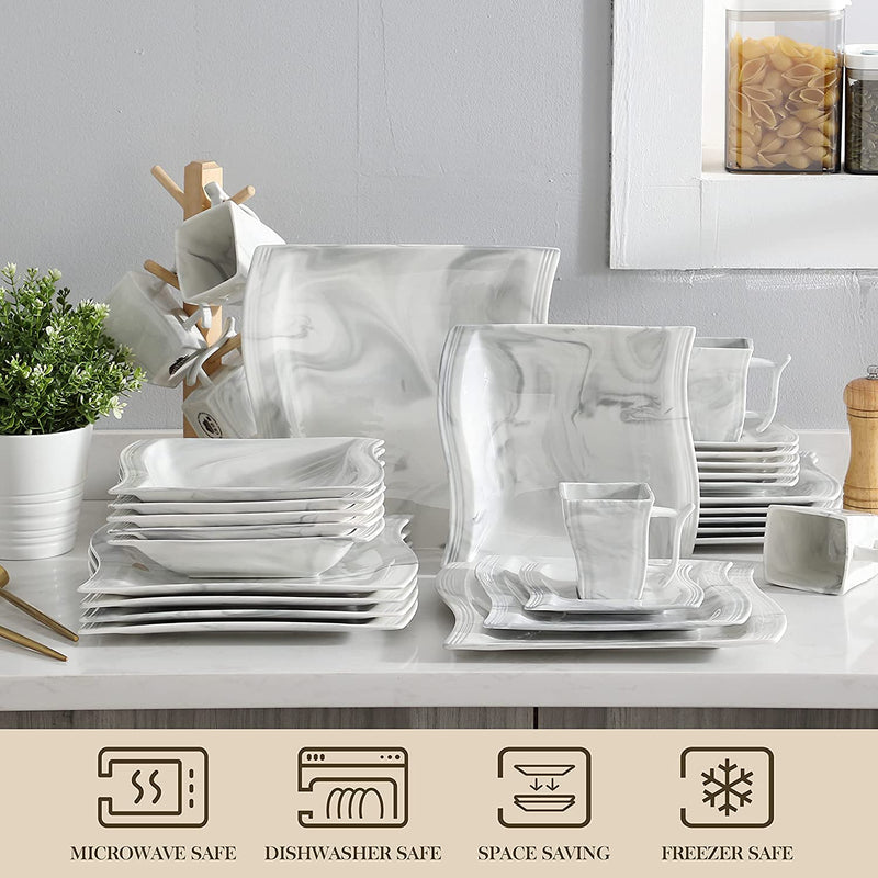 MALACASA Dinnerware Sets, 30 Piece Marble Grey Square Plates and Bowls Sets, Porcelain Dinner Set with Dishes, Plates Set, Cups and Saucers, Modern Dish Set for 6, Series Flora Home & Garden > Kitchen & Dining > Tableware > Dinnerware MALACASA   