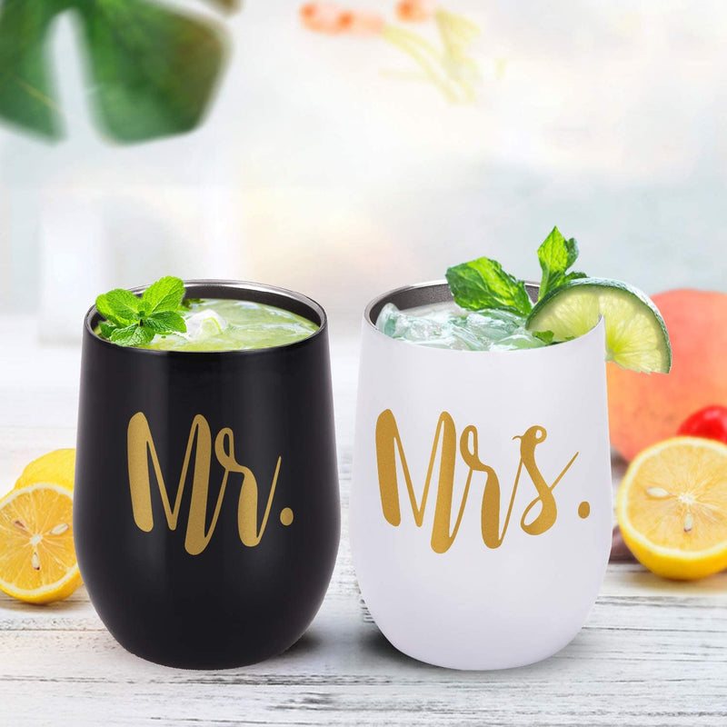 Mr and Mrs Tumblers Bridal Shower Idea for Bride and Groom, 12 Oz Wine Tumbler Wedding Idea for Newlyweds Couples Bride to Be Engagement Honeymoon, Insulated Mr Mrs Wine Tumbler Set, Set of 2 Home & Garden > Kitchen & Dining > Tableware > Drinkware GINGPROUS   