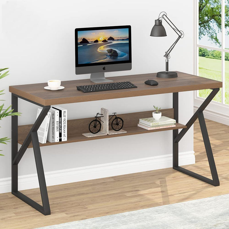 HSH Industrial Computer Desk, Home Office Desk with Shelves Storage, Modern Farmhouse Wood and Metal Study Writing Table, Vintage Simple Executive Work Desk for Gaming Student, Rustic Oak, 55 Inch Home & Garden > Household Supplies > Storage & Organization HSH Rustic Oak + Shelf 55 Inch 