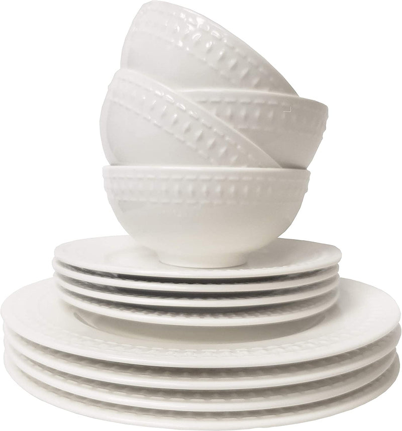 Tabletops Gallery Embossed Bone White Porcelain round Dinnerware Collection- Chip Resistant Scratch Resistant, Bloom 12 Piece Dinnerware Set (Dinner Plate, Salad Plate, Cereal Bowl) Home & Garden > Kitchen & Dining > Tableware > Dinnerware Tabletops Unlimited   