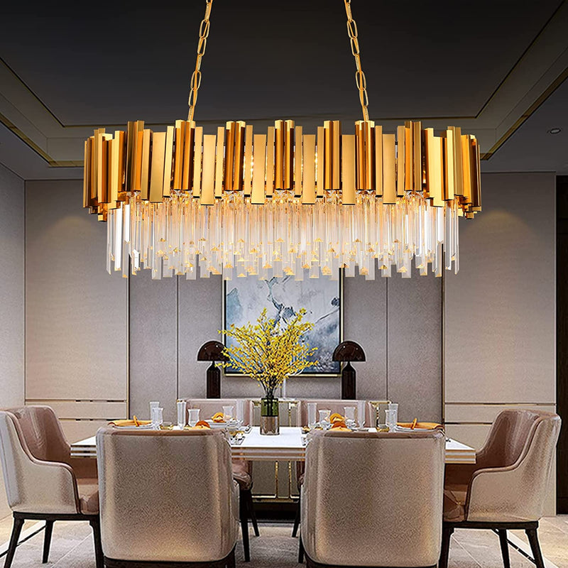 Modern Chandeliers Crystal with Light Gold Crystal Chandelier Hanging Ceiling Light Fixture 9 Lights Chandelier Modern Crystal round Pendant Light Fixture Dining Room Living Room Bedroom W22In Home & Garden > Lighting > Lighting Fixtures > Chandeliers AKDXIRUN Oval 2/L32in  