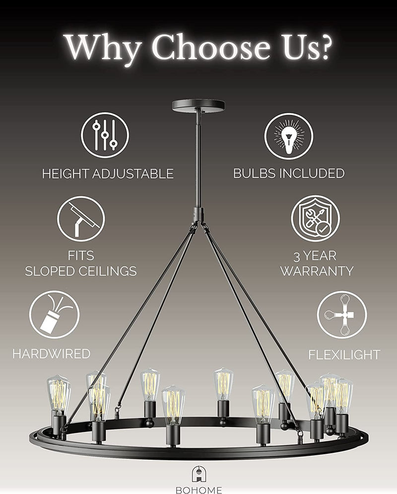 12 Light Black Wagon Wheel Chandelier Farmhouse - Included Bulbs, Adjustable Light Feature - 38" round Modern Farmhouse Lighting Chandelier - Entryway, Foyer, Kitchen Island, Dining Room Chandeliers Home & Garden > Lighting > Lighting Fixtures > Chandeliers Bohome   