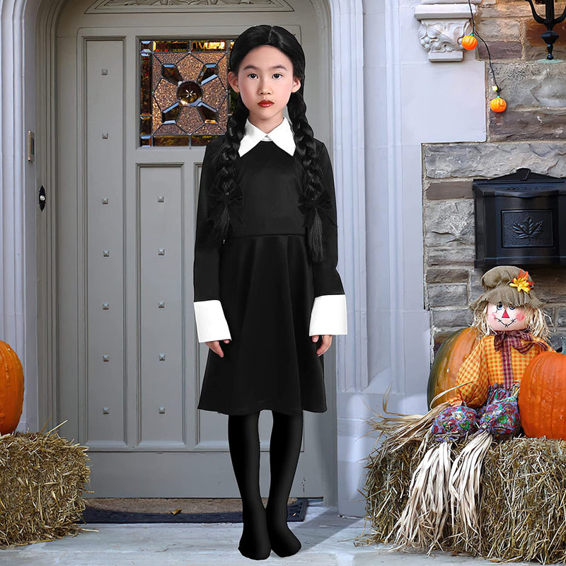 Wigood Wednesday Costume Girls Dress for Kids Addams Costumes Halloween Cosplay Party Dress with Socks 3-12 Years