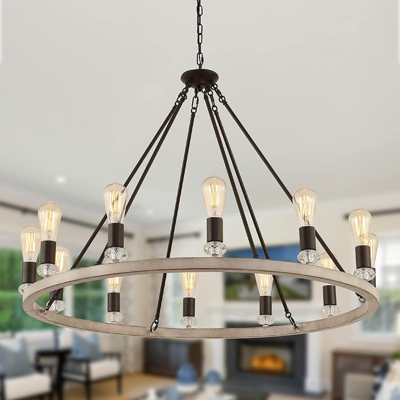 MEIXISUE Large Modern Wagon Wheel Chandelier Gold Metal round Luxury Industrial Country Chandelier Light Fixture for Dining Room Living Room Foyer Entryway W40.55 12-Lights UL Listed Home & Garden > Lighting > Lighting Fixtures > Chandeliers MEIXI 12-Lights oak  