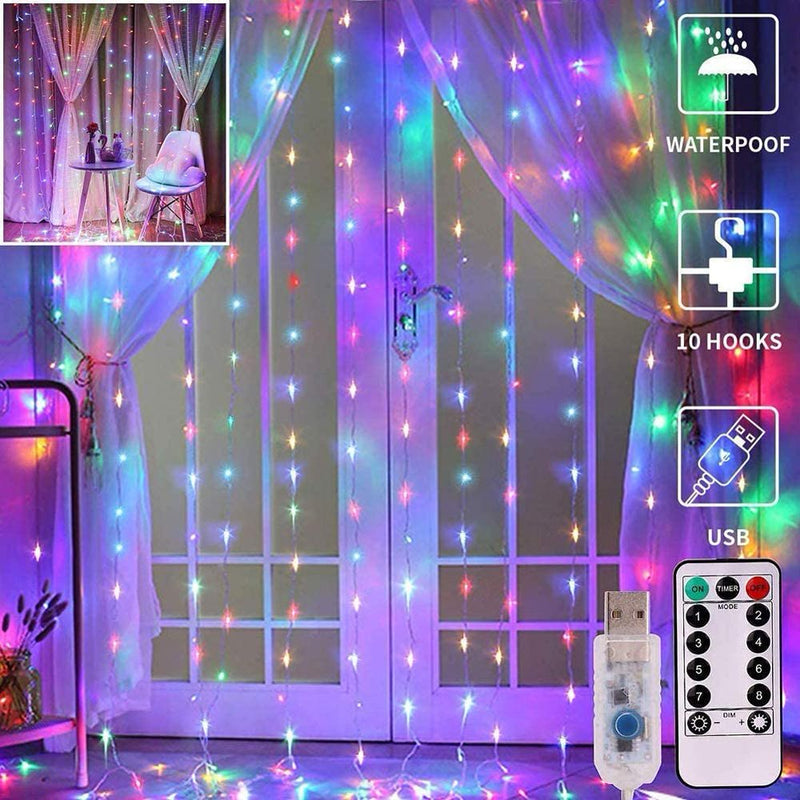 LED Window Curtain String Light - 8 Modes Fairy Lights with Hook Remote Control Battery Powered Waterproof Copper Wire Decor Lights for Christmas Bedroom Party Wedding (Multicolor) Home & Garden > Decor > Seasonal & Holiday Decorations Wisremt Usb Style Colorful 