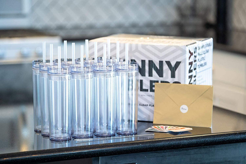 SKINNY TUMBLERS 12 Clear Acrylic Tumblers with Lids and Straws | Skinny, 16Oz Double Wall Clear Plastic Tumblers with FREE Straw Cleaner & Name Tags! Reusable Cup with Straw (Clear, 12) Home & Garden > Kitchen & Dining > Tableware > Drinkware STRATA CUPS   
