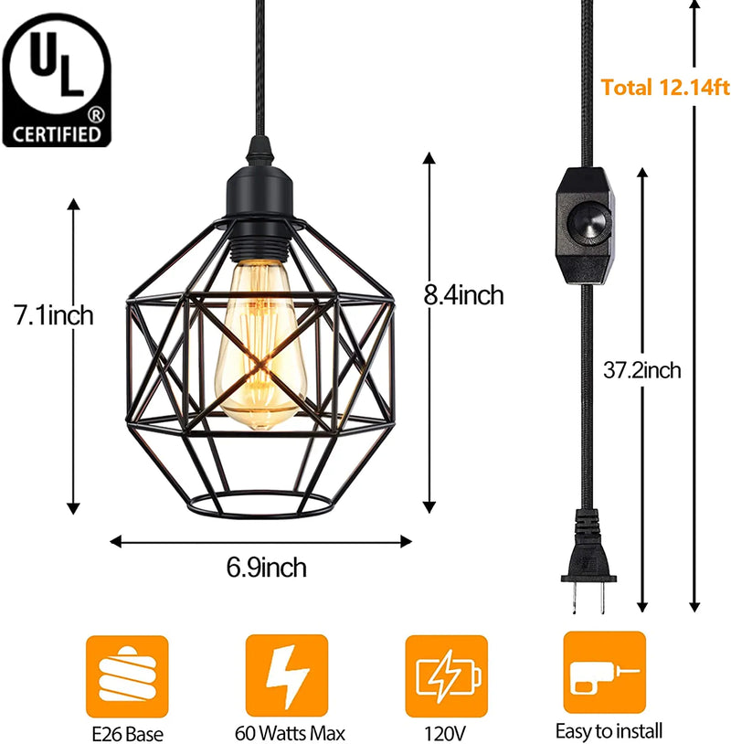 Industrial Plug in Pendant Light, Hanging Lamp with Plug in Cord, Vintage Metal Cage Pendant Lighting Fixture with 12Ft Cord and On/Off Switch for Kitchen Bedroom 2 Pack Home & Garden > Lighting > Lighting Fixtures Lomoky   