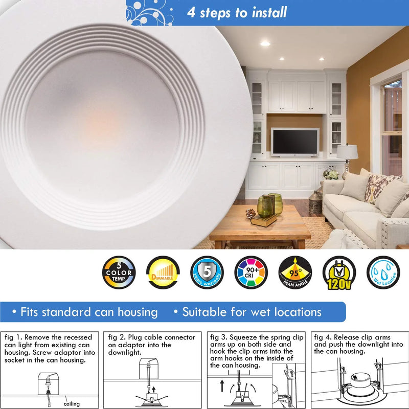 Mw 6 Inch 5 Selectable Color Temperature LED Downlight Retrofit with Baffle Trim, 2700/3000/3500/4000/5000K, Dimmable, 75W Incandescent Equal, 1100LM, Energy Star (1 Pack) Home & Garden > Lighting > Flood & Spot Lights mw   
