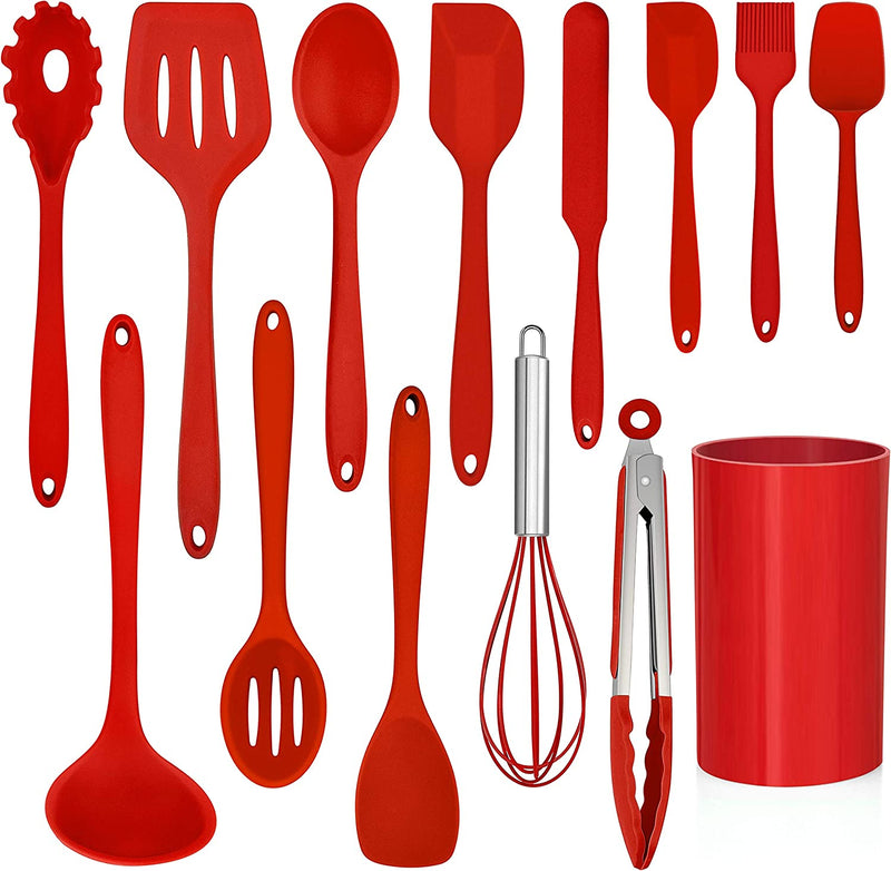 LIANYU 14 Pcs Cooking Utensils Set with Holder, Silicone Kitchen Cookware Utensils Set, Heat Resistant Cooking Gadget Tools Includes Spatula Spoon Turner Whisk Tong, Dishwasher Safe, Colorful Home & Garden > Kitchen & Dining > Kitchen Tools & Utensils LIANYU Red  