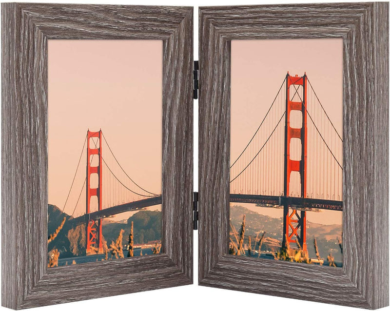 Frametory, 5X7 Hinged Picture Frame Displays 2 Photos, Double Frames with Glass, Side by Side Stands Vertically on Tabletop (Black) Home & Garden > Decor > Picture Frames Frametory Gray 4x6 (1-Pack) 