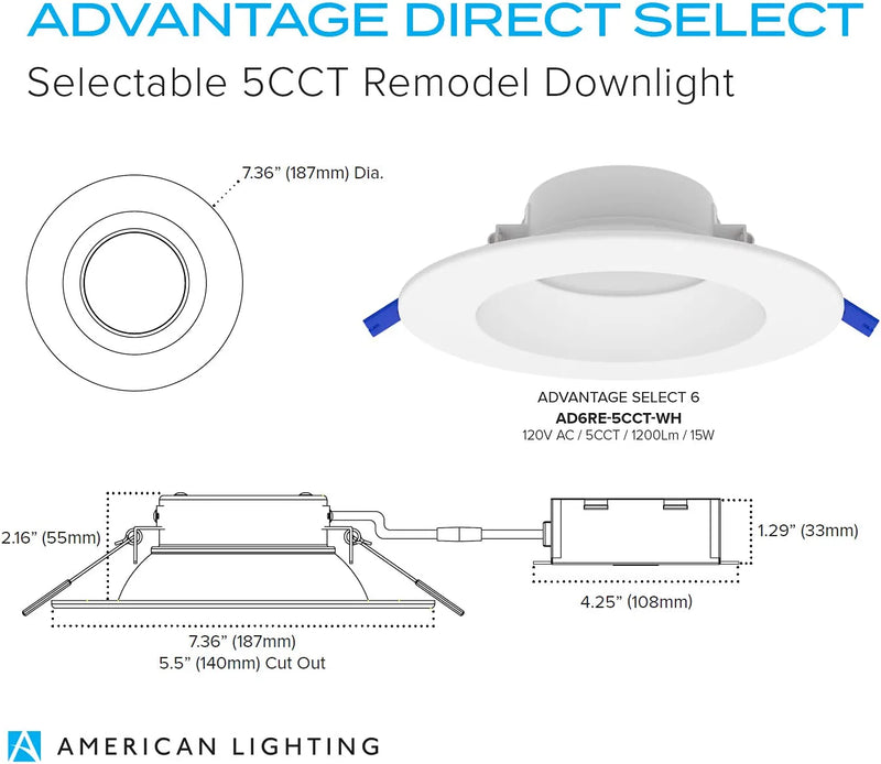 American Lighting AD6RE-5CCT-WH Advantage Dimmable Downlights with 5-In-1 Selectable Color Temperatures, Cetlus Listed for Wet Locations, 1-Pack,White, 6-Inch Direct Series