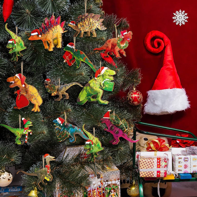 24 Pieces Christmas Dinosaur Ornaments Set Dinosaur Hanging Ornament with Rope Wood Christmas Tree Decor Christmas Tree Kids Dinosaur Themed Birthday Party Favors  Glenmal   