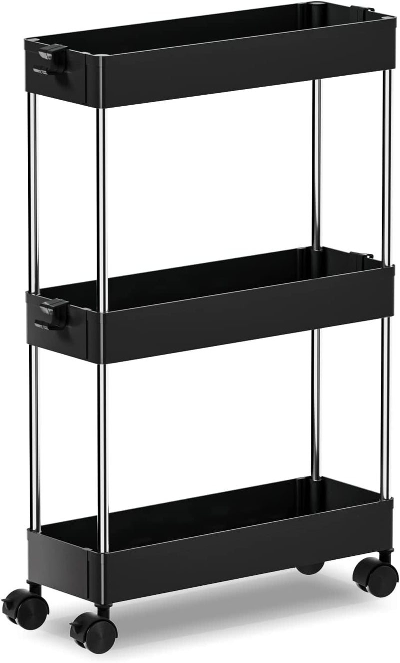 OTK Slim Storage Cart 3 Tier Mobile Shelving Unit Organizer, Utility Rolling Shelf Cart with Wheels for Bathroom Kitchen Bedroom Office Laundry Narrow Places，White Home & Garden > Household Supplies > Storage & Organization OTK 3 Tier-Black Slim 