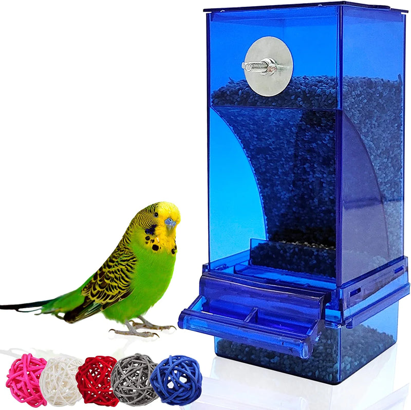 Hamiledyi No Mess Bird Feeders Automatic Parrot Feeder Drinker Acrylic Seed Food Container Parakeet Water Dispenser Cage Accessories for Lovebirds Budgies Canary Finch Animals & Pet Supplies > Pet Supplies > Bird Supplies > Bird Cage Accessories > Bird Cage Food & Water Dishes Hamiledyi Blue Bird Feeder with 5 Chew Balls  