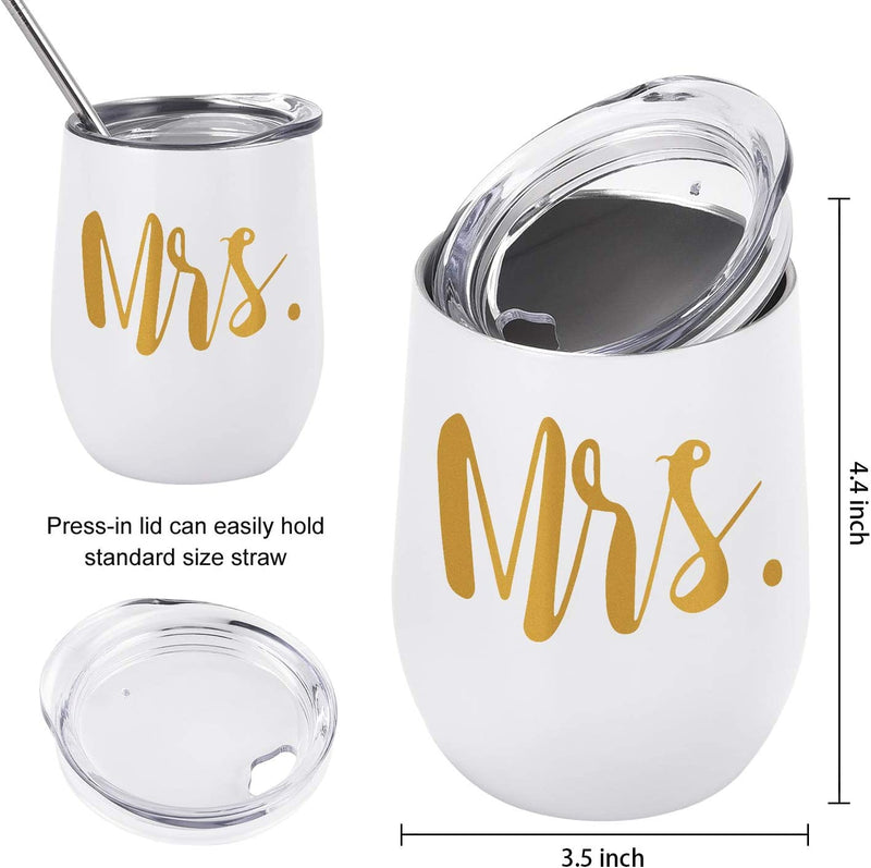 Mr and Mrs Tumblers Bridal Shower Idea for Bride and Groom, 12 Oz Wine Tumbler Wedding Idea for Newlyweds Couples Bride to Be Engagement Honeymoon, Insulated Mr Mrs Wine Tumbler Set, Set of 2 Home & Garden > Kitchen & Dining > Tableware > Drinkware GINGPROUS   