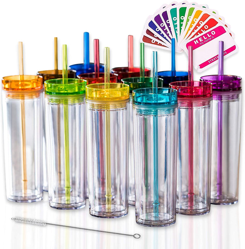 SKINNY TUMBLERS 12 Colored Acrylic Tumblers with Lids and Straws | Skinny, 16Oz Double Wall Clear Plastic Tumblers with FREE Straw Cleaner & Name Tags! Reusable Cup with Straw (Multicolors, 12) Home & Garden > Kitchen & Dining > Tableware > Drinkware STRATA CUPS 12 Count (Pack of 1)  