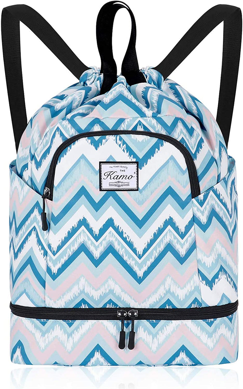 KAMO Drawstring Backpack Bag - Sport Swimming Yoga Backpack with Shoe Compartment, Two Water Bottle Holder for Men Women Large String Backpack Athletic Sackpack for School Travel Home & Garden > Household Supplies > Storage & Organization KAMO Blue Wave Pattern  