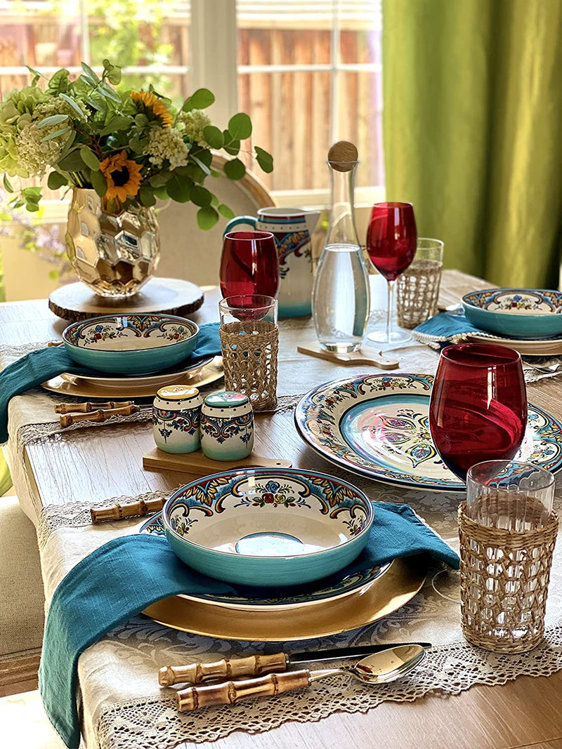 Euro Ceramica Zanzibar 8-Piece Dinnerware Set | Fine Kitchenware | Floral Multicolor Design Stoneware Tableware Service for 4,Large
