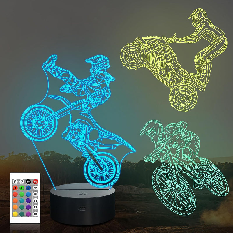 Ammonite Dirt Bike Gifts, 3D Illusion Motocross Night Light for Kids (3 Patterns) with Remote Control & 16 Colors Changing & Dimmable Function, Creative Gift Idea